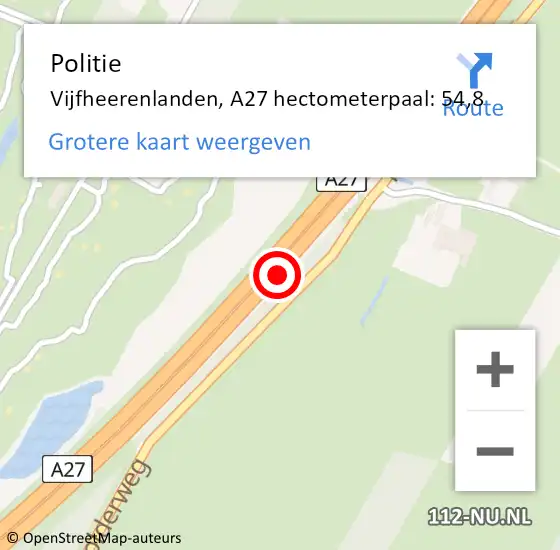Locatie op kaart van de 112 melding: Politie Vijfheerenlanden, A27 hectometerpaal: 54,8 op 15 oktober 2023 16:02