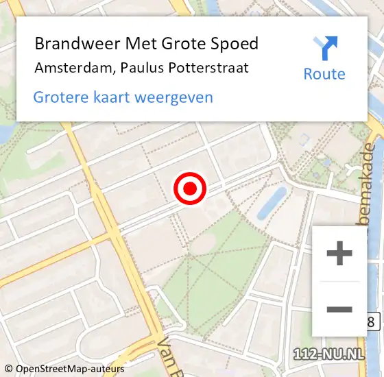 Locatie op kaart van de 112 melding: Brandweer Met Grote Spoed Naar Amsterdam, Paulus Potterstraat op 15 oktober 2023 18:27