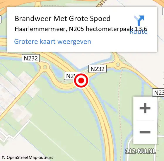 Locatie op kaart van de 112 melding: Brandweer Met Grote Spoed Naar Haarlemmermeer, N205 hectometerpaal: 13,6 op 15 oktober 2023 22:50