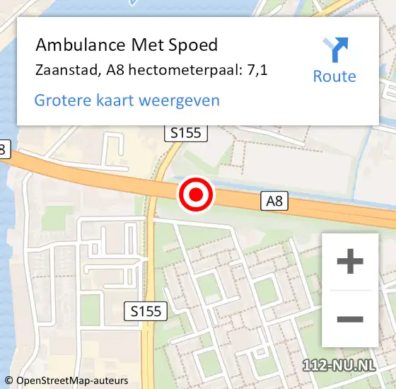 Locatie op kaart van de 112 melding: Ambulance Met Spoed Naar Zaanstad, A8 hectometerpaal: 7,1 op 16 oktober 2023 09:06