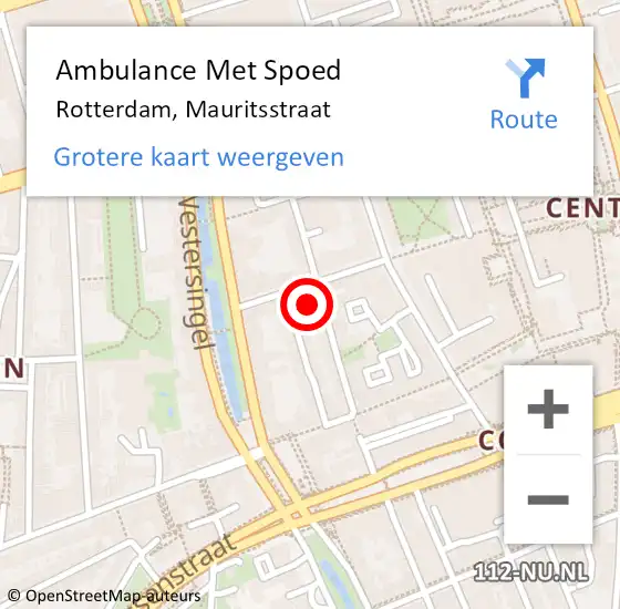 Locatie op kaart van de 112 melding: Ambulance Met Spoed Naar Rotterdam, Mauritsstraat op 16 oktober 2023 14:19