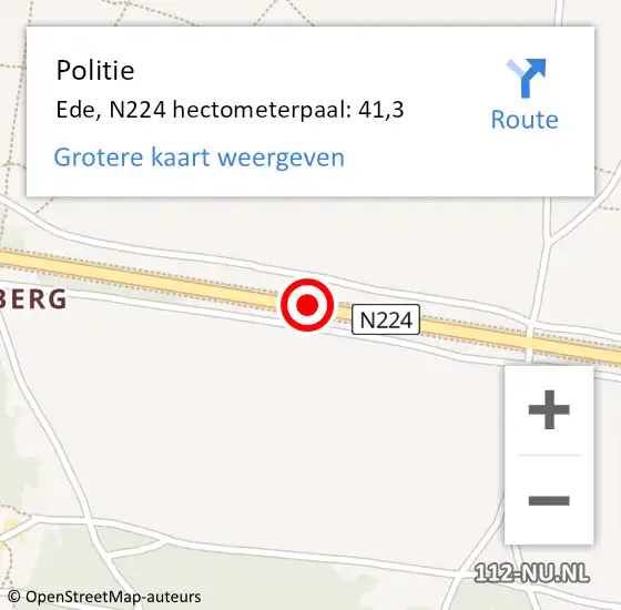 Locatie op kaart van de 112 melding: Politie Ede, N224 hectometerpaal: 41,3 op 17 oktober 2023 16:28