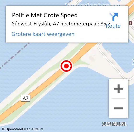 Locatie op kaart van de 112 melding: Politie Met Grote Spoed Naar Súdwest-Fryslân, A7 hectometerpaal: 85,7 op 18 oktober 2023 14:48