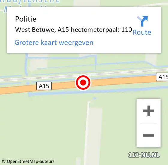 Locatie op kaart van de 112 melding: Politie West Betuwe, A15 hectometerpaal: 110 op 19 oktober 2023 00:22