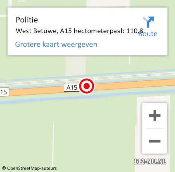 Locatie op kaart van de 112 melding: Politie West Betuwe, A15 hectometerpaal: 110,8 op 19 oktober 2023 00:26