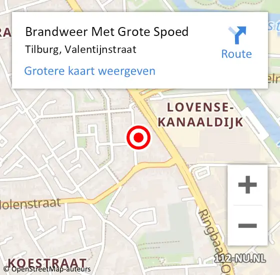 Locatie op kaart van de 112 melding: Brandweer Met Grote Spoed Naar Tilburg, Valentijnstraat op 19 oktober 2023 00:42