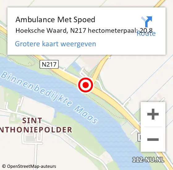 Locatie op kaart van de 112 melding: Ambulance Met Spoed Naar Hoeksche Waard, N217 hectometerpaal: 20,8 op 19 oktober 2023 17:38