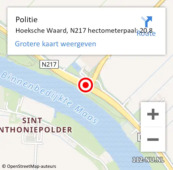 Locatie op kaart van de 112 melding: Politie Hoeksche Waard, N217 hectometerpaal: 20,8 op 19 oktober 2023 17:39