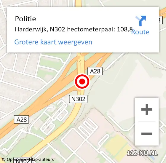 Locatie op kaart van de 112 melding: Politie Harderwijk, N302 hectometerpaal: 108,8 op 20 oktober 2023 11:38
