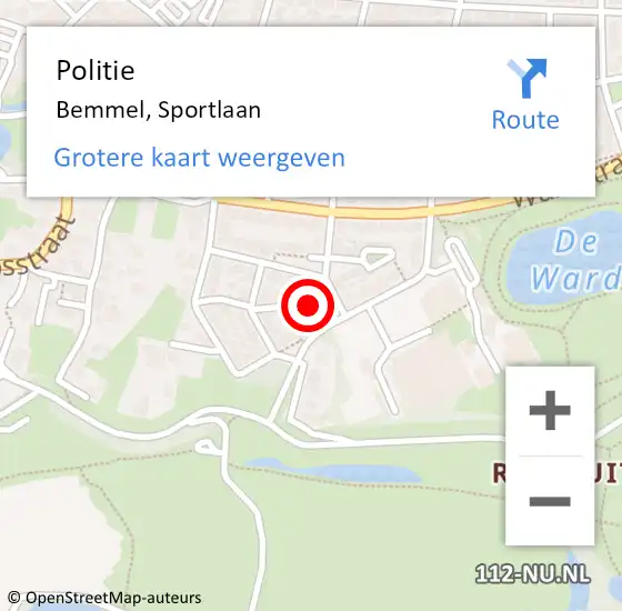 Locatie op kaart van de 112 melding: Politie Bemmel, Sportlaan op 20 oktober 2023 15:30