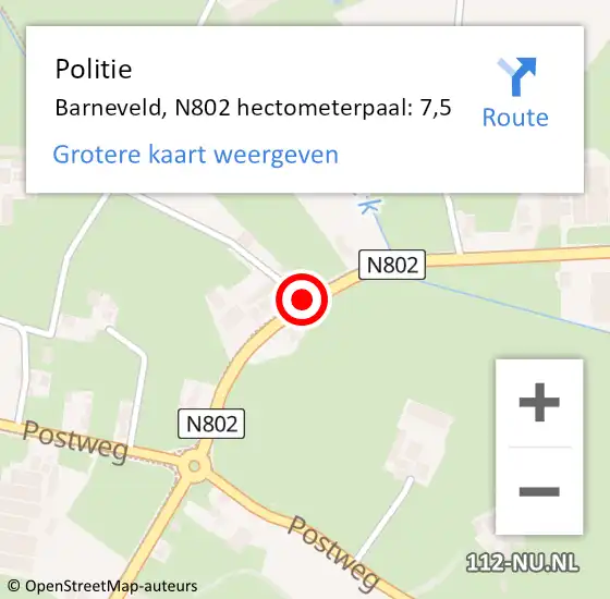 Locatie op kaart van de 112 melding: Politie Barneveld, N802 hectometerpaal: 7,5 op 20 oktober 2023 17:55