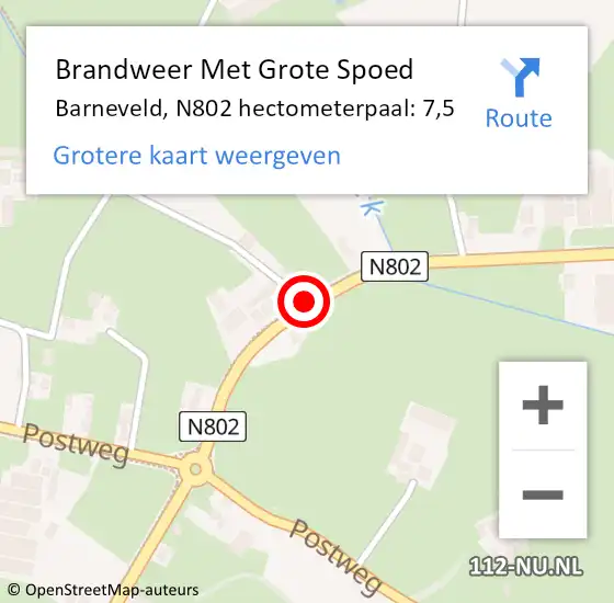 Locatie op kaart van de 112 melding: Brandweer Met Grote Spoed Naar Barneveld, N802 hectometerpaal: 7,5 op 20 oktober 2023 17:56