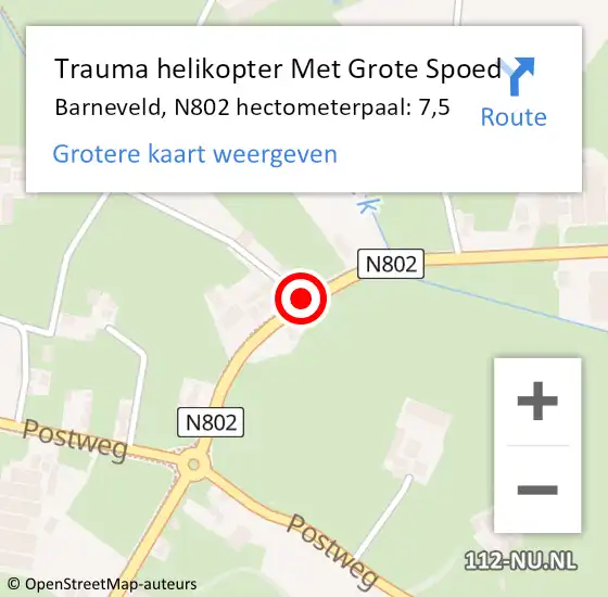 Locatie op kaart van de 112 melding: Trauma helikopter Met Grote Spoed Naar Barneveld, N802 hectometerpaal: 7,5 op 20 oktober 2023 17:57