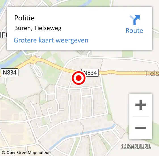 Locatie op kaart van de 112 melding: Politie Buren, Tielseweg op 21 oktober 2023 00:40