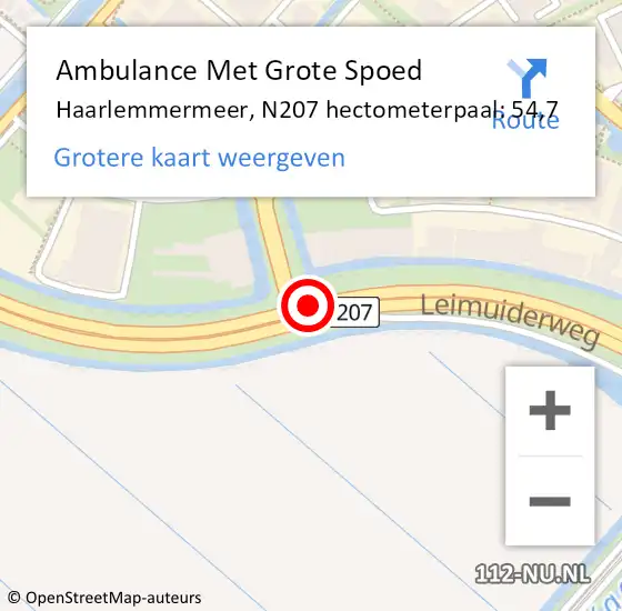 Locatie op kaart van de 112 melding: Ambulance Met Grote Spoed Naar Haarlemmermeer, N207 hectometerpaal: 54,7 op 21 oktober 2023 02:21