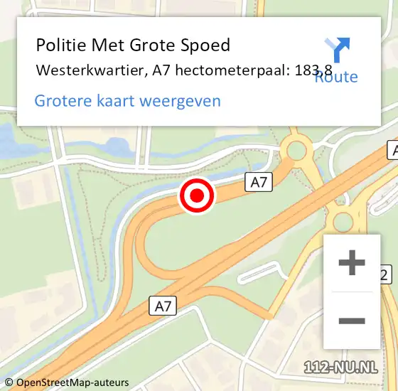 Locatie op kaart van de 112 melding: Politie Met Grote Spoed Naar Westerkwartier, A7 hectometerpaal: 183,8 op 21 oktober 2023 14:16