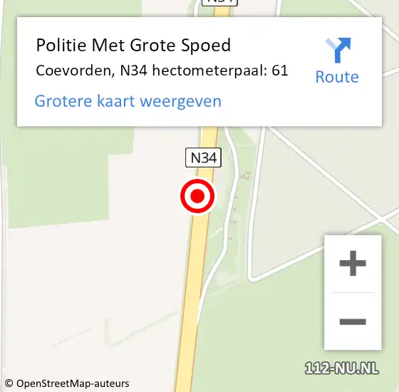 Locatie op kaart van de 112 melding: Politie Met Grote Spoed Naar Coevorden, N34 hectometerpaal: 61 op 21 oktober 2023 19:24