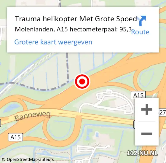 Locatie op kaart van de 112 melding: Trauma helikopter Met Grote Spoed Naar Molenlanden, A15 hectometerpaal: 95,3 op 21 oktober 2023 20:22