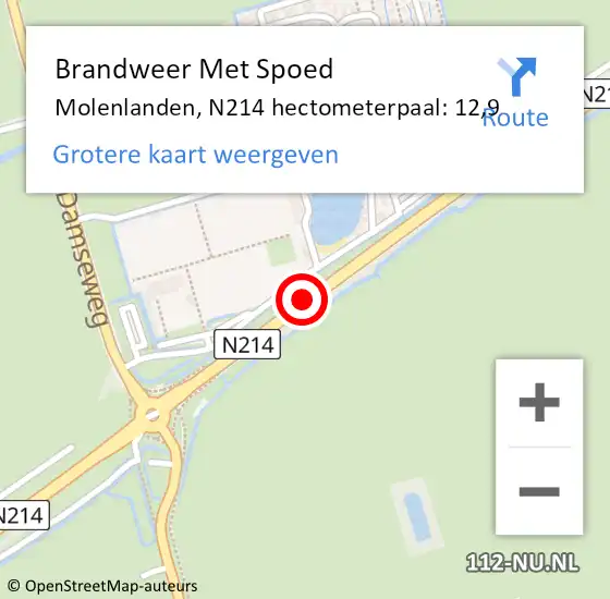 Locatie op kaart van de 112 melding: Brandweer Met Spoed Naar Molenlanden, N214 hectometerpaal: 12,9 op 21 oktober 2023 23:10