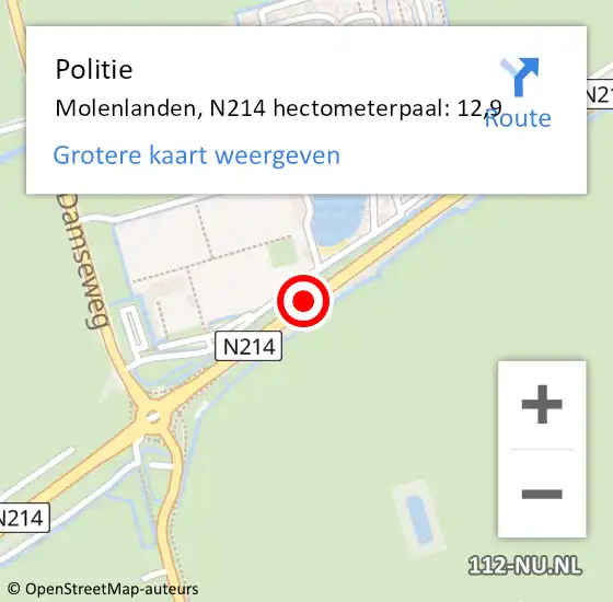 Locatie op kaart van de 112 melding: Politie Molenlanden, N214 hectometerpaal: 12,9 op 21 oktober 2023 23:12