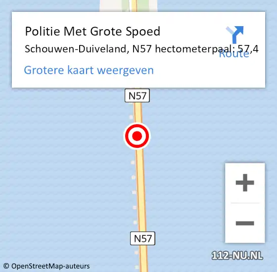 Locatie op kaart van de 112 melding: Politie Met Grote Spoed Naar Schouwen-Duiveland, N57 hectometerpaal: 57,4 op 22 oktober 2023 12:14