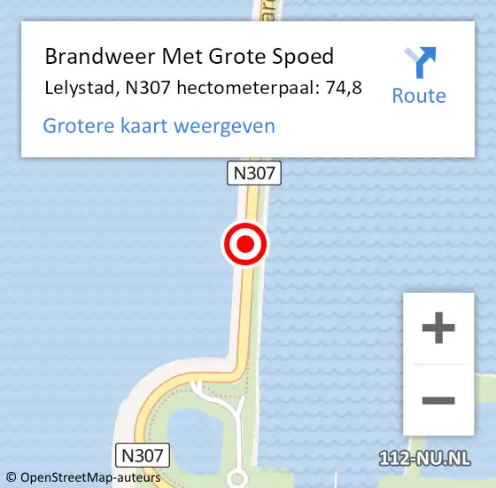 Locatie op kaart van de 112 melding: Brandweer Met Grote Spoed Naar Lelystad, N307 hectometerpaal: 74,8 op 22 oktober 2023 13:43