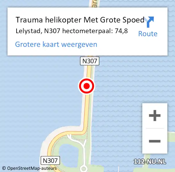 Locatie op kaart van de 112 melding: Trauma helikopter Met Grote Spoed Naar Lelystad, N307 hectometerpaal: 74,8 op 22 oktober 2023 13:44