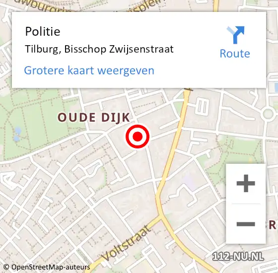 Locatie op kaart van de 112 melding: Politie Tilburg, Bisschop Zwijsenstraat op 22 oktober 2023 21:25