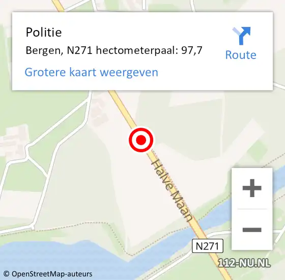Locatie op kaart van de 112 melding: Politie Bergen, N271 hectometerpaal: 97,7 op 23 oktober 2023 07:49