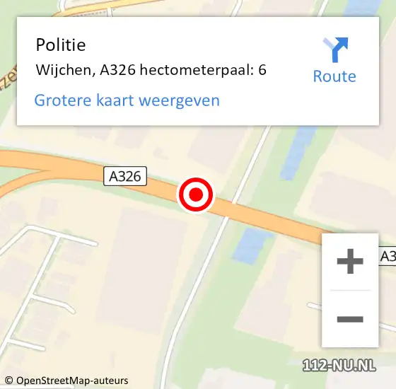 Locatie op kaart van de 112 melding: Politie Wijchen, A326 hectometerpaal: 6 op 23 oktober 2023 08:57