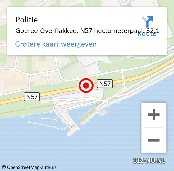 Locatie op kaart van de 112 melding: Politie Goeree-Overflakkee, N57 hectometerpaal: 32,1 op 23 oktober 2023 15:17
