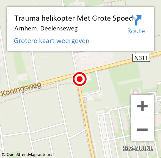Locatie op kaart van de 112 melding: Trauma helikopter Met Grote Spoed Naar Arnhem, Deelenseweg op 23 oktober 2023 19:13