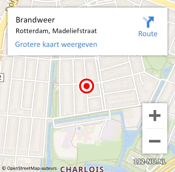 Locatie op kaart van de 112 melding: Brandweer Rotterdam, Madeliefstraat op 23 oktober 2023 21:09