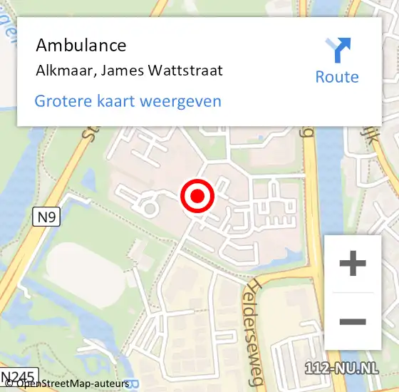 Locatie op kaart van de 112 melding: Ambulance Alkmaar, James Wattstraat op 24 oktober 2023 08:02
