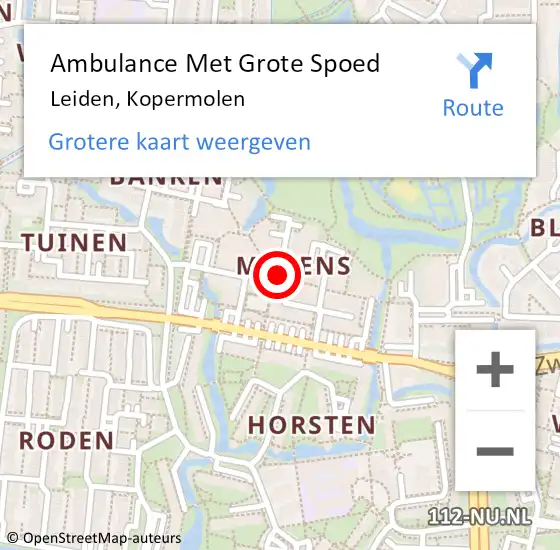 Locatie op kaart van de 112 melding: Ambulance Met Grote Spoed Naar Leiden, Kopermolen op 24 oktober 2023 10:33