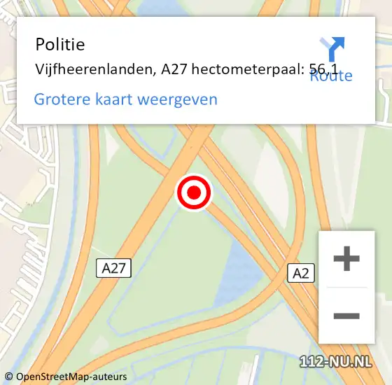 Locatie op kaart van de 112 melding: Politie Vijfheerenlanden, A27 hectometerpaal: 56,1 op 24 oktober 2023 14:37