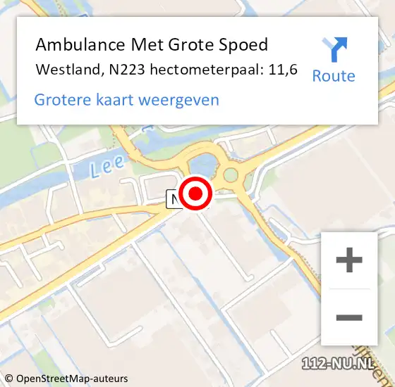 Locatie op kaart van de 112 melding: Ambulance Met Grote Spoed Naar Westland, N223 hectometerpaal: 11,6 op 24 oktober 2023 16:13