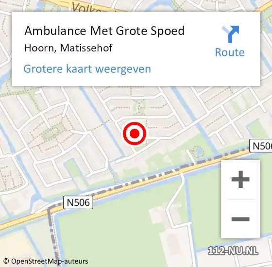 Locatie op kaart van de 112 melding: Ambulance Met Grote Spoed Naar Hoorn, Matissehof op 25 oktober 2023 09:04