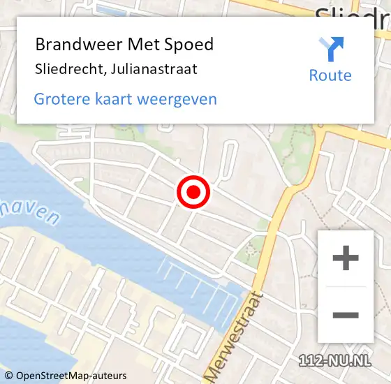 Locatie op kaart van de 112 melding: Brandweer Met Spoed Naar Sliedrecht, Julianastraat op 25 oktober 2023 15:48