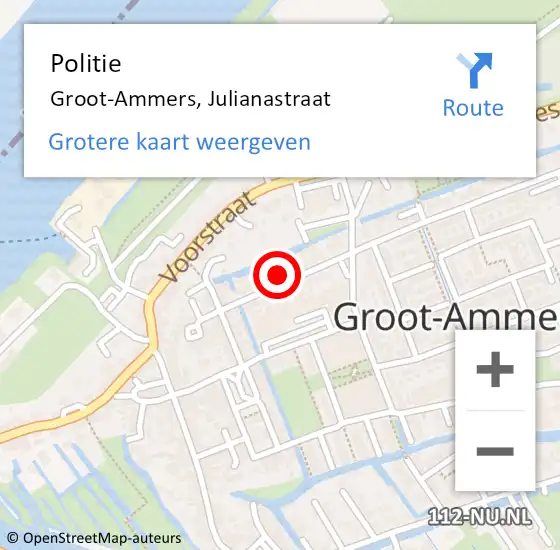 Locatie op kaart van de 112 melding: Politie Groot-Ammers, Julianastraat op 25 oktober 2023 17:43