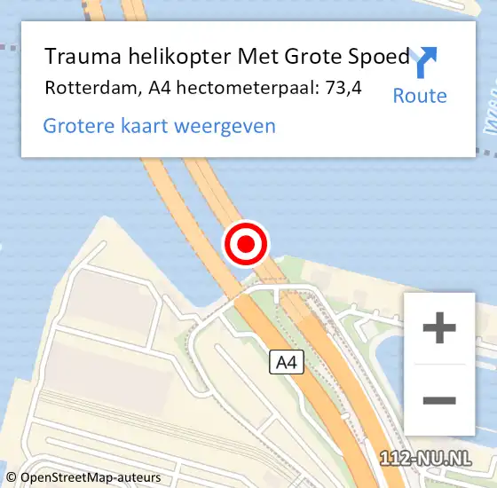 Locatie op kaart van de 112 melding: Trauma helikopter Met Grote Spoed Naar Rotterdam, A4 hectometerpaal: 73,4 op 26 oktober 2023 07:05