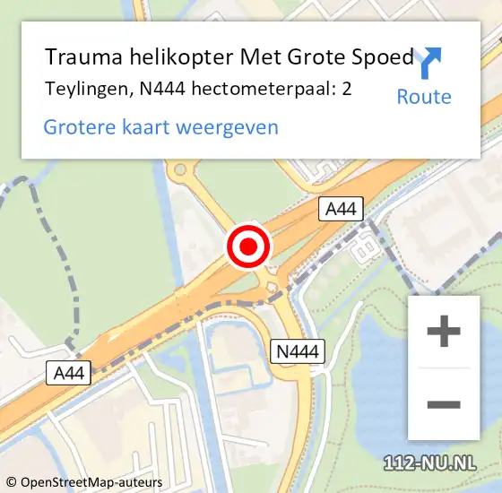 Locatie op kaart van de 112 melding: Trauma helikopter Met Grote Spoed Naar Teylingen, N444 hectometerpaal: 2 op 26 oktober 2023 07:49