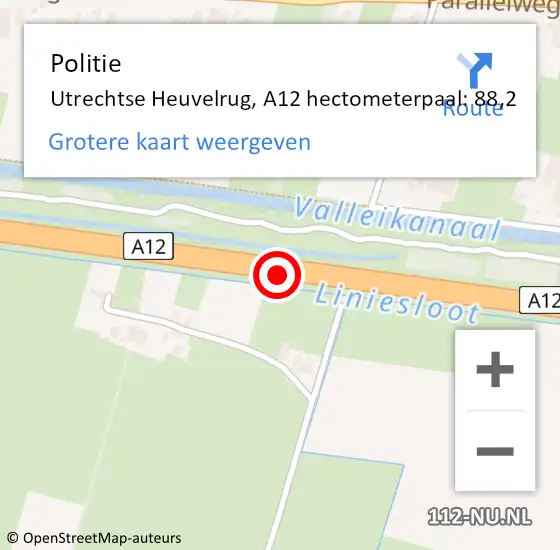 Locatie op kaart van de 112 melding: Politie Utrechtse Heuvelrug, A12 hectometerpaal: 88,2 op 26 oktober 2023 16:14