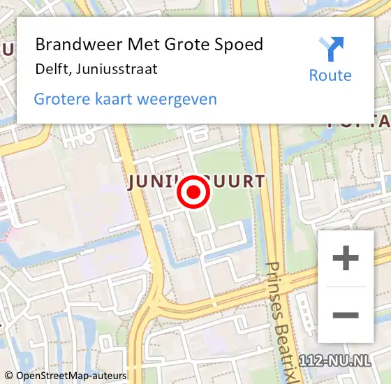 Locatie op kaart van de 112 melding: Brandweer Met Grote Spoed Naar Delft, Juniusstraat op 26 oktober 2023 21:46