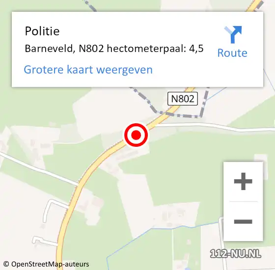 Locatie op kaart van de 112 melding: Politie Barneveld, N802 hectometerpaal: 4,5 op 27 oktober 2023 06:04