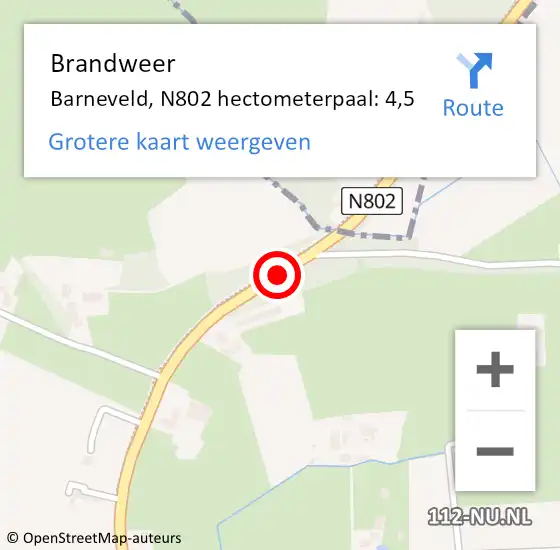 Locatie op kaart van de 112 melding: Brandweer Barneveld, N802 hectometerpaal: 4,5 op 27 oktober 2023 06:06