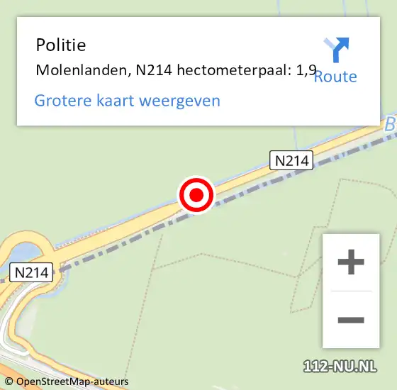Locatie op kaart van de 112 melding: Politie Molenlanden, N214 hectometerpaal: 1,9 op 27 oktober 2023 12:57