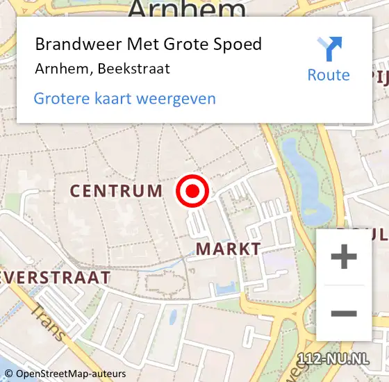 Locatie op kaart van de 112 melding: Brandweer Met Grote Spoed Naar Arnhem, Beekstraat op 27 oktober 2023 19:51