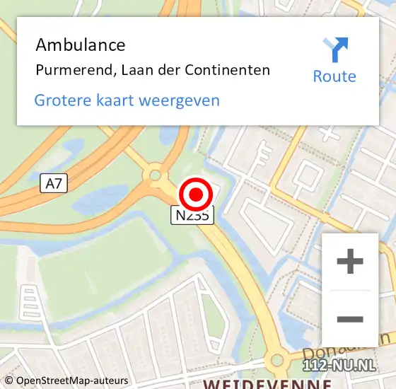 Locatie op kaart van de 112 melding: Ambulance Purmerend, Laan der Continenten op 27 oktober 2023 20:08