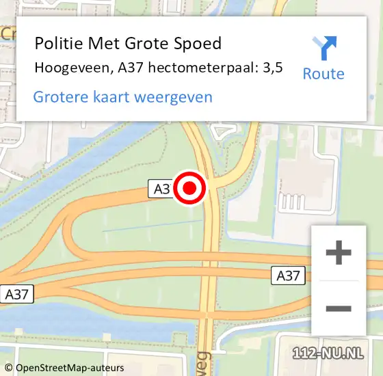 Locatie op kaart van de 112 melding: Politie Met Grote Spoed Naar Hoogeveen, A37 hectometerpaal: 3,5 op 27 oktober 2023 21:56